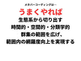 ●
サンプリングの時間的間隔を狭くできる
●
サンプリングの時間的範囲を広くできる
●
サンプリングの空間的間隔を狭くできる
●
サンプリングの空間的範囲を広くできる
●
サンプリングの網羅度を上げられる
●
サンプリングの分類学的単位を細かくできる
●
サンプリングの分類学的範囲を拡大できる
生態系から切り出す
時間的・空間的・分類学的
　群集の範囲を広げ、
範囲内の網羅度向上を実現する
メタバーコーディングは…
うまくやれば
 