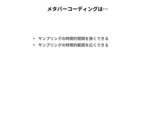 メタバーコーディングは…
●
サンプリングの時間的間隔を狭くできる
●
サンプリングの時間的範囲を広くできる
 