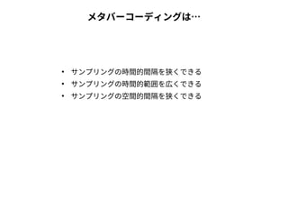 メタバーコーディングは…
●
サンプリングの時間的間隔を狭くできる
●
サンプリングの時間的範囲を広くできる
●
サンプリングの空間的間隔を狭くできる
 