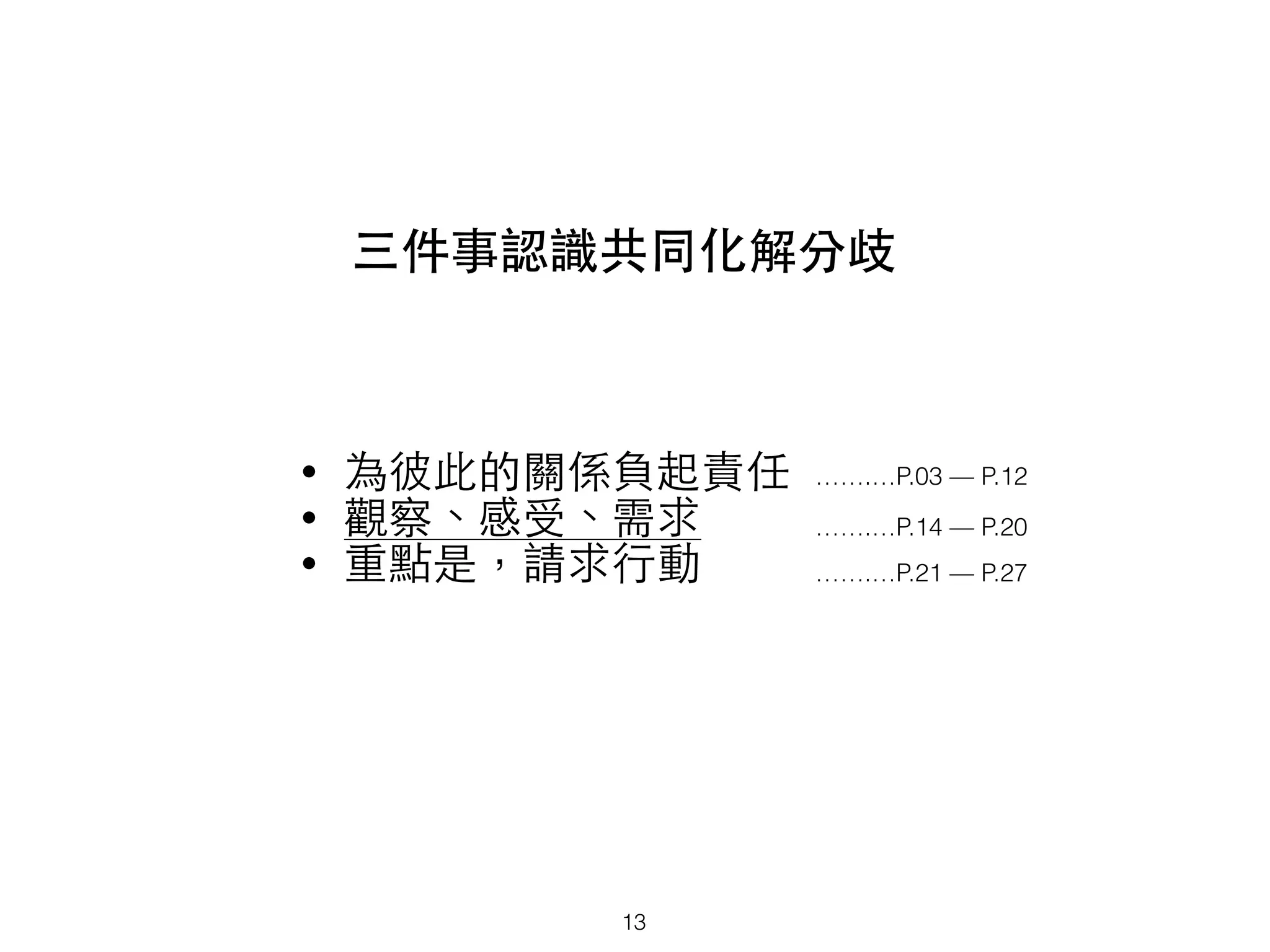 三件事認識共同化解分歧
• 為彼此的關係負起責任
• 觀察、感受、需求
• 重點是，請求⾏行動
13
…….…P.03 — P.12
…….…P.14 — P.20
…….…P.21 — P.27
 