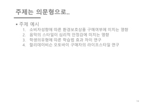 주제는 의문형으로..
§ 주제 예시
1. 소비자성향에 따른 환경보호상품 구매여부에 미치는 영향
2. 음악의 스타일이 심리적 안정감에 미치는 영향
3. 학생의유형에 따른 학습법 효과 차이 연구
4. 할리데이비슨 오토바이 구매자의 라이프스타일 연구
14
 