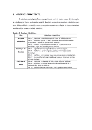 8 OBJETIVOS ESTRATÉGICOS
Os objetivos estratégicos foram categorizados em três eixos: acesso à informação,
prestação de serviços e participação social. O Quadro 2 apresenta os objetivos estratégicos por
eixo. A Figura 3 ilustra as relações entre os princípios da governança digital, os eixos estratégicos
e os benefícios para a sociedade brasileira.
Quadro 2: Objetivos Estratégicos
Eixo Objetivos Estratégicos
Acesso à
informação
OE.01 - Fomentar a disponibilização e o uso de dados abertos.
OE.02 - Ampliar o uso de TIC para promover a transparência e dar
publicidade à aplicação dos recursos públicos.
OE.03 - Garantir a segurança da informação e comunicação do
Estado e o sigilo das informações do cidadão.
Prestação de
Serviços
OE.04 - Expandir e inovar a prestação de serviços digitais.
OE.05 - Melhorar a governança e a gestão por meio do uso da
tecnologia
OE.06 - Facilitar e universalizar o uso e o acesso aos serviços digitais.
OE.07 - Compartilhar e integrar dados, processos, sistemas, serviços
e infraestrutura.
Participação
Social
OE.08 - Fomentar a colaboração no ciclo de políticas públicas.
OE.09 - Ampliar e incentivar a participação social na criação e
melhoria dos serviços públicos.
OE.10 - Aprimorar a interação direta entre governo e sociedade.
 