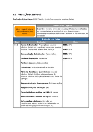 9.2 PRESTAÇÃO DE SERVIÇOS
Indicador Estratégico: EGDI (Nações Unidas) componente serviços digitais
Descrição do Objetivo
Expandir e inovar a oferta de serviços públicos disponibilizados
por meios digitais (e-serviços) através de processos e
tecnologias inovadoras com vistas a atender as necessidades da
sociedade.
Indicadores e Metas
Cód. Indicador Meta
I04.1 Nome do Indicador: Proporção de serviços
públicos digitais em relação ao número de serviços
públicos cadastrados no Portal de Serviços
Interpretação do indicador: Maior melhor
Unidade de medida: Percentual
Fonte de dados: Autodiagnóstico
Linha base: Indicador sem série histórica
Fórmula de cálculo: Quantidade de serviços
públicos digitais dividido pela quantidade de
serviços públicos do órgão cadastrados no Portal de
Serviços.
Responsável pelo desempenho: Todos os órgãos
Responsável pela apuração: STI
Periodicidade da análise na EGD: 12 meses
Periodicidade da análise no órgão: 6 meses
Informações adicionais: Deverão ser
considerados apenas os serviços cadastrados no
portal de serviços (www.servicos.gov.br).
2016: 10%
2017: 20%
2018: 40%
2019: 60%
OE.04 - Expandir e inovar
a prestação de serviços
digitais.
 