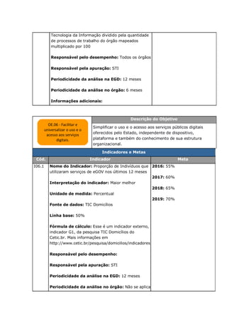 Tecnologia da Informação dividido pela quantidade
de processos de trabalho do órgão mapeados
multiplicado por 100
Responsável pelo desempenho: Todos os órgãos
Responsável pela apuração: STI
Periodicidade da análise na EGD: 12 meses
Periodicidade da análise no órgão: 6 meses
Informações adicionais:
Descrição do Objetivo
Simplificar o uso e o acesso aos serviços públicos digitais
oferecidos pelo Estado, independente de dispositivo,
plataforma e também do conhecimento de sua estrutura
organizacional.
Indicadores e Metas
Cód. Indicador Meta
I06.1 Nome do Indicador: Proporção de Indivíduos que
utilizaram serviços de eGOV nos últimos 12 meses
Interpretação do indicador: Maior melhor
Unidade de medida: Percentual
Fonte de dados: TIC Domicílios
Linha base: 50%
Fórmula de cálculo: Esse é um indicador externo,
indicador G1, da pesquisa TIC Domicílios do
Cetic.br. Mais informações em
http://www.cetic.br/pesquisa/domicilios/indicadores
Responsável pelo desempenho:
Responsável pela apuração: STI
Periodicidade da análise na EGD: 12 meses
Periodicidade da análise no órgão: Não se aplica
2016: 55%
2017: 60%
2018: 65%
2019: 70%
OE.06 - Facilitar e
universalizar o uso e o
acesso aos serviços
digitais.
 