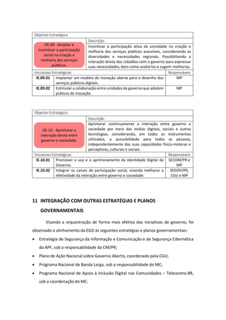 Objetivo Estratégico
Descrição
Incentivar a participação ativa da sociedade na criação e
melhoria dos serviços públicos acessíveis, considerando as
diversidades e necessidades regionais. Possibilitando a
interação direta dos cidadãos com o governo para expressar
suas necessidades, bem como avaliá-los e sugerir melhorias.
Iniciativas Estratégicas Responsáveis
IE.09.01 Implantar um modelo de inovação aberta para o desenho dos
serviços públicos digitais.
MP
IE.09.02 Estimular a colaboração entre unidades de governo que adotem
práticas de inovação.
MP
Objetivo Estratégico
Descrição
Aprimorar continuamente a interação entre governo e
sociedade por meio das mídias digitais, sociais e outras
tecnologias, considerando, em todos os instrumentos
utilizados, a acessibilidade para todas as pessoas,
independentemente das suas capacidades físico-motoras e
perceptivas, culturais e sociais.
Iniciativas Estratégicas Responsáveis
IE.10.01 Promover o uso e o aprimoramento da Identidade Digital de
Governo.
SECOM/PR e
MP
IE.10.02 Integrar os canais de participação social, visando melhorar a
efetividade da interação entre governo e sociedade.
SEGOV/PR,
CGU e MP
11 INTEGRAÇÃO COM OUTRAS ESTRATÉGIAS E PLANOS
GOVERNAMENTAIS
Visando a orquestração de forma mais efetiva das iniciativas de governo, foi
observado o alinhamento da EGD às seguintes estratégias e planos governamentais:
· Estratégia de Segurança da Informação e Comunicação e de Segurança Cibernética
da APF, sob a responsabilidade da CM/PR;
· Plano de Ação Nacional sobre Governo Aberto, coordenado pela CGU;
· Programa Nacional de Banda Larga, sob a responsabilidade do MC;
· Programa Nacional de Apoio à Inclusão Digital nas Comunidades – Telecentro.BR,
sob a coordenação do MC.
OE.09 - Ampliar e
incentivar a participação
social na criação e
melhoria dos serviços
públicos.
OE.10 - Aprimorar a
interação direta entre
governo e sociedade.
 