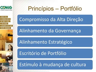 Compromisso da Alta Direção
Alinhamento da Governança
Alinhamento Estratégico
Escritório de Portfólio
Estímulo à mudança de cultura
Princípios – Portfólio
 