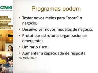 • Testar novos meios para “tocar” o
negócio;
• Desenvolver novos modelos de negócio;
• Prototipar estruturas organizacionais
emergentes
• Limitar o risco
• Aumentar a capacidade de resposta
Por Michel Thiry
Programas podem
 