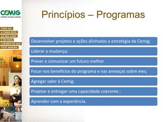 Desenvolver projetos e ações alinhadas a estratégia da Cemig;
Liderar a mudança;
Prever e comunicar um futuro melhor
Focar nos benefícios do programa e nas ameaças sobre eles;
Agregar valor à Cemig;
Projetar e entregar uma capacidade coerente ;
Aprender com a experiência.
Princípios – Programas
 