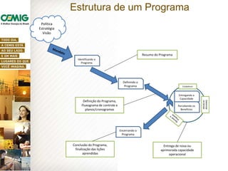Identificando o
Programa
Percebendo os
Benefícios
Entregando a
Capacidade
Definindo o
Programa
Encerrando o
Programa
Estabelecer
Gerenciar
ostemas
Política
Estratégia
Visão
Resumo do Programa
Definição do Programa,
Fluxograma de controle e
planos/cronogramas
Conclusão do Programa,
finalização das lições
aprendidas
Entrega de nova ou
aprimorada capacidade
operacional
Estrutura de um Programa
 