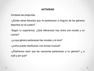 ACTIVIDAD
Contesta las preguntas
-¿Existe obras literarias que no pertenecen a ninguno de los géneros
descritos en el cuadro?
-Según tu experiencia, ¿Qué diferencias hay entra una novela y un
cuento?
-¿a que género pertenecen las novelas y el cine?
-¿cómo puede clasificarse una revista musical?
-¿Podríamos decir que las canciones pertenecen a un género? ¿ a
cuál y por qué?
 