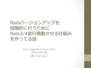 Railsバージョンアップを
段階的に⾏うために
Rails3/4並⾏稼動させる仕組み
を作ってる話
Rails Upgrade Casual Talks
2016/03/28
@minamijoyo
 