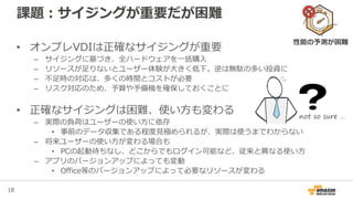 18
課題：サイジングが重要だが困難
• オンプレVDIは正確なサイジングが重要
– サイジングに基づき、全ハードウェアを一括購入
– リソースが足りないとユーザー体験が大きく低下。逆は無駄の多い投資に
– 不足時の対応は、多くの時間とコストが必要
– リスク対応のため、予算や予備機を確保しておくことに
• 正確なサイジングは困難、使い方も変わる
– 実際の負荷はユーザーの使い方に依存
• 事前のデータ収集である程度見極められるが、実際は使うまでわからない
– 将来ユーザーの使い方が変わる場合も
• PCの起動待ちなし、どこからでもログイン可能など、従来と異なる使い方
– アプリのバージョンアップによっても変動
• Office等のバージョンアップによって必要なリソースが変わる
not so sure …
性能の予測が困難
 