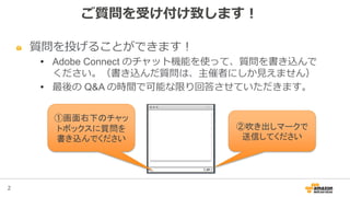 2
ご質問を受け付け致します！
質問を投げることができます！
• Adobe Connect のチャット機能を使って、質問を書き込んで
ください。（書き込んだ質問は、主催者にしか見えません）
• 最後の Q&A の時間で可能な限り回答させていただきます。
①画面右下のチャッ
トボックスに質問を
書き込んでください
②吹き出しマークで
送信してください
 