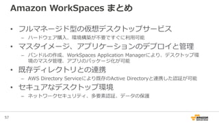 57
Amazon WorkSpaces まとめ
• フルマネージド型の仮想デスクトップサービス
– ハードウェア購入、環境構築が不要ですぐに利用可能
• マスタイメージ、アプリケーションのデプロイと管理
– バンドルの作成、WorkSpaces Application Managerにより、デスクトップ環
境のマスタ管理、アプリのパッケージ化が可能
• 既存ディレクトリとの連携
– AWS Directory Serviceにより既存のActive Directoryと連携した認証が可能
• セキュアなデスクトップ環境
– ネットワークセキュリティ、多要素認証、データの保護
 