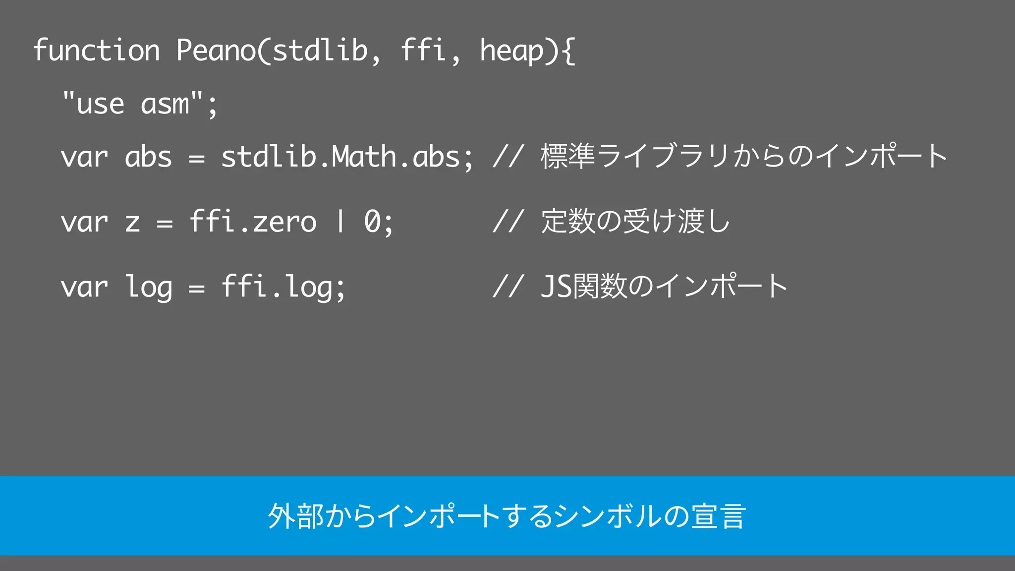 function Peano(stdlib, ffi, heap){
"use asm";
var abs = stdlib.Math.abs; // 標準ライブラリからのインポート
var z = ffi.zero | 0; // 定数の受け渡し
var log = ffi.log; // JS関数のインポート
外部からインポートするシンボルの宣言
 
