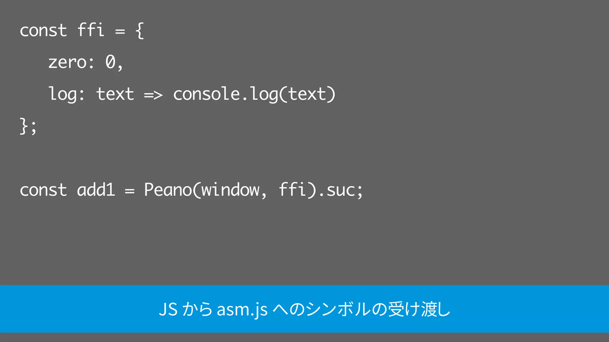 const ffi = {
zero: 0,
log: text => console.log(text)
};
const add1 = Peano(window, ffi).suc;
JS から asm.js へのシンボルの受け渡し
 