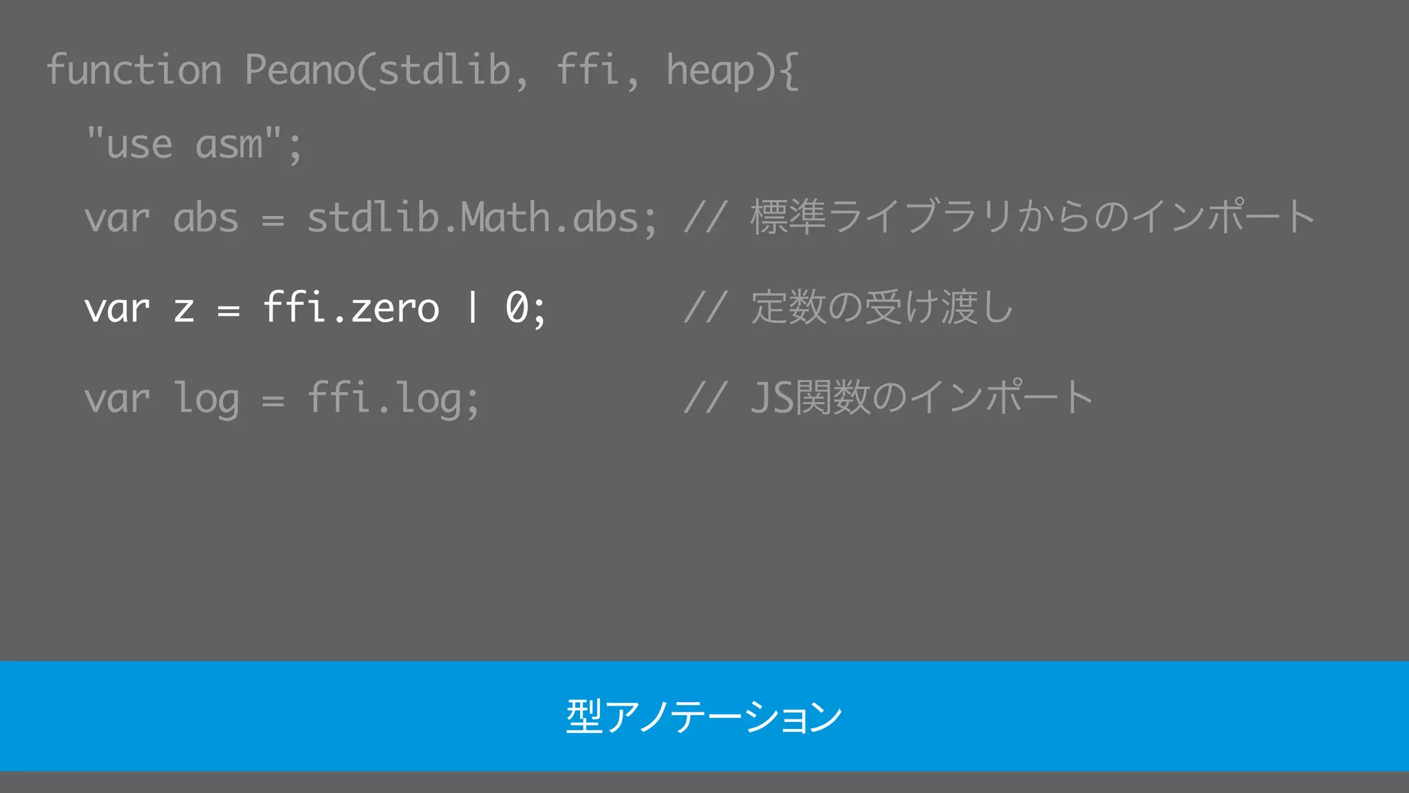 function Peano(stdlib, ffi, heap){
"use asm";
var abs = stdlib.Math.abs; // 標準ライブラリからのインポート
var z = ffi.zero | 0; // 定数の受け渡し
var log = ffi.log; // JS関数のインポート
型アノテーション
 