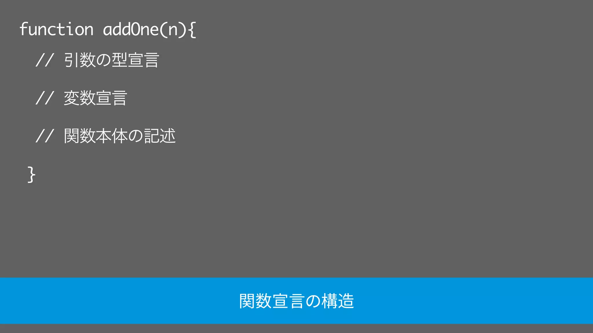 function addOne(n){
// 引数の型宣言
// 変数宣言
// 関数本体の記述
}
関数宣言の構造
 