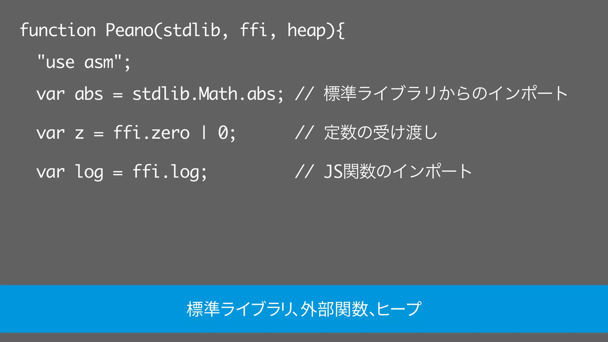 function Peano(stdlib, ffi, heap){
"use asm";
var abs = stdlib.Math.abs; // 標準ライブラリからのインポート
var z = ffi.zero | 0; // 定数の受け渡し
var log = ffi.log; // JS関数のインポート
標準ライブラリ、外部関数、ヒープ
 