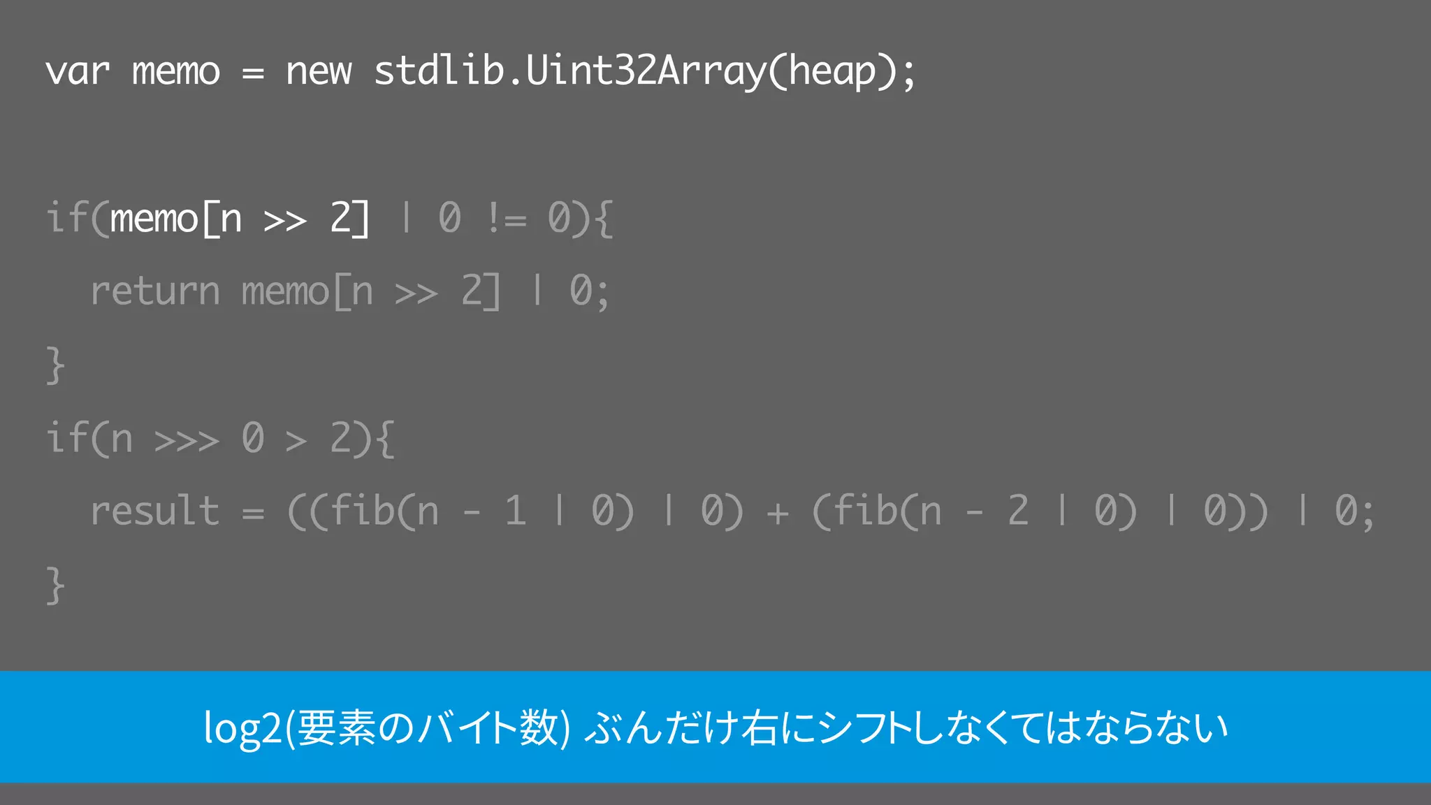 var memo = new stdlib.Uint32Array(heap);
if(memo[n >> 2] | 0 != 0){
return memo[n >> 2] | 0;
}
if(n >>> 0 > 2){
result = ((fib(n - 1 | 0) | 0) + (fib(n - 2 | 0) | 0)) | 0;
}
return result | 0;log2(要素のバイト数) ぶんだけ右にシフトしなくてはならない
 