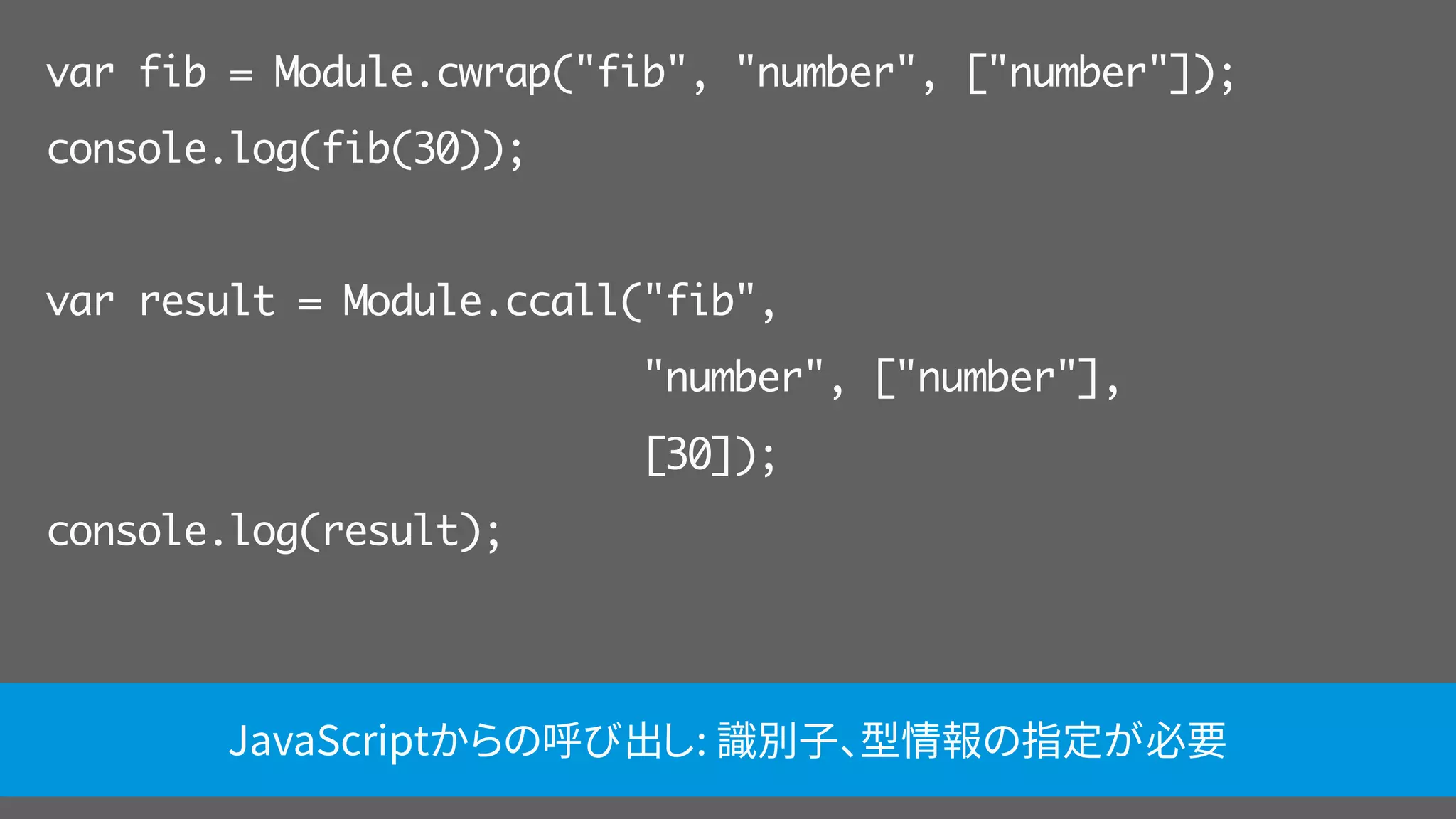 var fib = Module.cwrap("fib", "number", ["number"]);
console.log(fib(30));
var result = Module.ccall("fib",
"number", ["number"],
[30]);
console.log(result);
JavaScriptからの呼び出し: 識別子、型情報の指定が必要
 