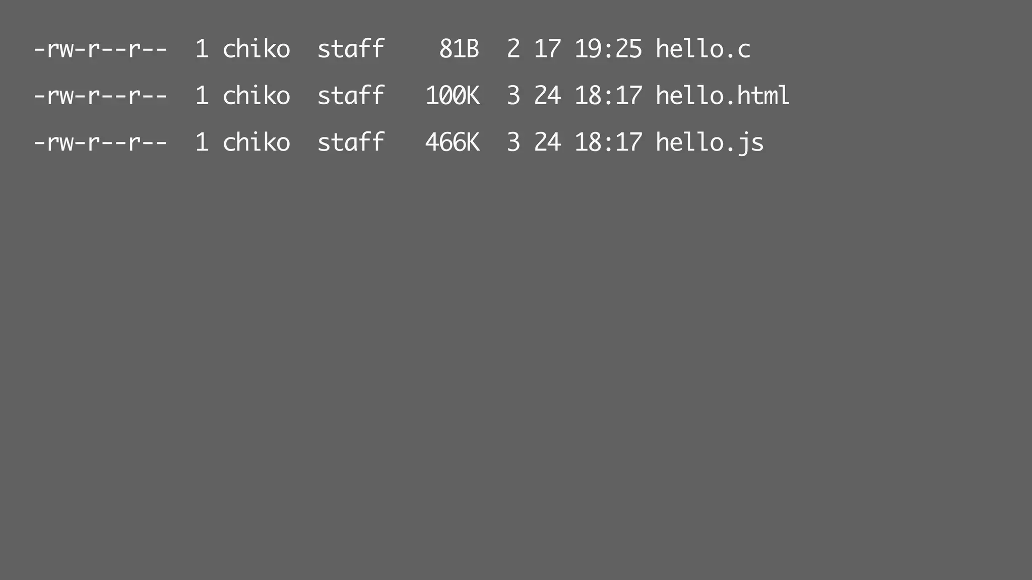-rw-r--r-- 1 chiko staff 81B 2 17 19:25 hello.c
-rw-r--r-- 1 chiko staff 100K 3 24 18:17 hello.html
-rw-r--r-- 1 chiko staff 466K 3 24 18:17 hello.js
 