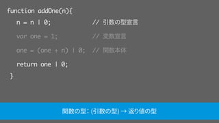 function addOne(n){
n = n | 0; // 引数の型宣言
var one = 1; // 変数宣言
one = (one + n) | 0; // 関数本体
return one | 0;
}
関数の型： (引数の型) → 返り値の型
 
