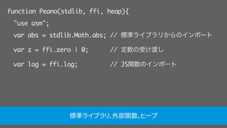 function Peano(stdlib, ffi, heap){
"use asm";
var abs = stdlib.Math.abs; // 標準ライブラリからのインポート
var z = ffi.zero | 0; // 定数の受け渡し
var log = ffi.log; // JS関数のインポート
標準ライブラリ、外部関数、ヒープ
 