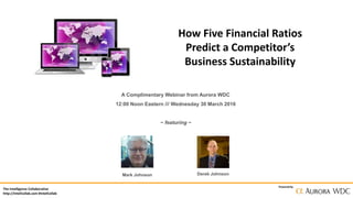 The Intelligence Collaborative
http://IntelCollab.com #IntelCollab
Powered by
How Five Financial Ratios
Predict a Competitor’s
Business Sustainability
A Complimentary Webinar from Aurora WDC
12:00 Noon Eastern /// Wednesday 30 March 2016
~ featuring ~
Mark Johnson Derek Johnson
 