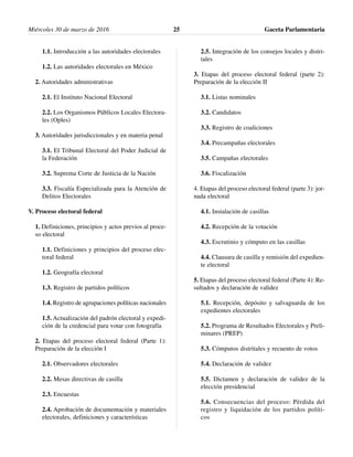1.1. Introducción a las autoridades electorales
1.2. Las autoridades electorales en México
2. Autoridades administrativas
2.1. El Instituto Nacional Electoral
2.2. Los Organismos Públicos Locales Electora-
les (Oples)
3. Autoridades jurisdiccionales y en materia penal
3.1. El Tribunal Electoral del Poder Judicial de
la Federación
3.2. Suprema Corte de Justicia de la Nación
3.3. Fiscalía Especializada para la Atención de
Delitos Electorales
V. Proceso electoral federal
1. Definiciones, principios y actos previos al proce-
so electoral
1.1. Definiciones y principios del proceso elec-
toral federal
1.2. Geografía electoral
1.3. Registro de partidos políticos
1.4. Registro de agrupaciones políticas nacionales
1.5. Actualización del padrón electoral y expedi-
ción de la credencial para votar con fotografía
2. Etapas del proceso electoral federal (Parte 1):
Preparación de la elección I
2.1. Observadores electorales
2.2. Mesas directivas de casilla
2.3. Encuestas
2.4. Aprobación de documentación y materiales
electorales, definiciones y características
2.5. Integración de los consejos locales y distri-
tales
3. Etapas del proceso electoral federal (parte 2):
Preparación de la elección II
3.1. Listas nominales
3.2. Candidatos
3.3. Registro de coaliciones
3.4. Precampañas electorales
3.5. Campañas electorales
3.6. Fiscalización
4. Etapas del proceso electoral federal (parte 3): jor-
nada electoral
4.1. Instalación de casillas
4.2. Recepción de la votación
4.3. Escrutinio y cómputo en las casillas
4.4. Clausura de casilla y remisión del expedien-
te electoral
5. Etapas del proceso electoral federal (Parte 4): Re-
sultados y declaración de validez
5.1. Recepción, depósito y salvaguarda de los
expedientes electorales
5.2. Programa de Resultados Electorales y Preli-
minares (PREP)
5.3. Cómputos distritales y recuento de votos
5.4. Declaración de validez
5.5. Dictamen y declaración de validez de la
elección presidencial
5.6. Consecuencias del proceso: Pérdida del
registro y liquidación de los partidos políti-
cos
Miércoles 30 de marzo de 2016 Gaceta Parlamentaria25
 