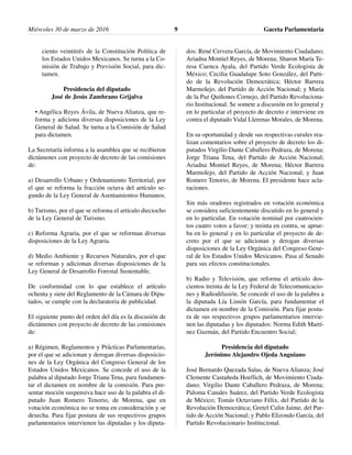 Miércoles 30 de marzo de 2016 Gaceta Parlamentaria9
ciento veintitrés de la Constitución Política de
los Estados Unidos Mexicanos. Se turna a la Co-
misión de Trabajo y Previsión Social, para dic-
tamen.
Presidencia del diputado
José de Jesús Zambrano Grijalva
• Angélica Reyes Ávila, de Nueva Alianza, que re-
forma y adiciona diversas disposiciones de la Ley
General de Salud. Se turna a la Comisión de Salud
para dictamen.
La Secretaría informa a la asamblea que se recibieron
dictámenes con proyecto de decreto de las comisiones
de:
a) Desarrollo Urbano y Ordenamiento Territorial, por
el que se reforma la fracción octava del artículo se-
gundo de la Ley General de Asentamientos Humanos.
b) Turismo, por el que se reforma el artículo dieciocho
de la Ley General de Turismo.
c) Reforma Agraria, por el que se reforman diversas
disposiciones de la Ley Agraria.
d) Medio Ambiente y Recursos Naturales, por el que
se reforman y adicionan diversas disposiciones de la
Ley General de Desarrollo Forestal Sustentable.
De conformidad con lo que establece el artículo
ochenta y siete del Reglamento de la Cámara de Dipu-
tados, se cumple con la declaratoria de publicidad.
El siguiente punto del orden del día es la discusión de
dictámenes con proyecto de decreto de las comisiones
de:
a) Régimen, Reglamentos y Prácticas Parlamentarias,
por el que se adicionan y derogan diversas disposicio-
nes de la Ley Orgánica del Congreso General de los
Estados Unidos Mexicanos. Se concede el uso de la
palabra al diputado Jorge Triana Tena, para fundamen-
tar el dictamen en nombre de la comisión. Para pre-
sentar moción suspensiva hace uso de la palabra el di-
putado Juan Romero Tenorio, de Morena, que en
votación económica no se toma en consideración y se
desecha. Para fijar postura de sus respectivos grupos
parlamentarios intervienen las diputadas y los diputa-
dos: René Cervera García, de Movimiento Ciudadano;
Ariadna Montiel Reyes, de Morena; Sharon María Te-
resa Cuenca Ayala, del Partido Verde Ecologista de
México; Cecilia Guadalupe Soto González, del Parti-
do de la Revolución Democrática; Héctor Barrera
Marmolejo, del Partido de Acción Nacional; y María
de la Paz Quiñones Cornejo, del Partido Revoluciona-
rio Institucional. Se somete a discusión en lo general y
en lo particular el proyecto de decreto e interviene en
contra el diputado Vidal Llerenas Morales, de Morena.
En su oportunidad y desde sus respectivas curules rea-
lizan comentarios sobre el proyecto de decreto los di-
putados Virgilio Dante Caballero Pedraza, de Morena;
Jorge Triana Tena, del Partido de Acción Nacional;
Ariadna Montiel Reyes, de Morena; Héctor Barrera
Marmolejo, del Partido de Acción Nacional; y Juan
Romero Tenorio, de Morena. El presidente hace acla-
raciones.
Sin más oradores registrados en votación económica
se considera suficientemente discutido en lo general y
en lo particular. En votación nominal por cuatrocien-
tos cuatro votos a favor; y treinta en contra, se aprue-
ba en lo general y en lo particular el proyecto de de-
creto por el que se adicionan y derogan diversas
disposiciones de la Ley Orgánica del Congreso Gene-
ral de los Estados Unidos Mexicanos. Pasa al Senado
para sus efectos constitucionales.
b) Radio y Televisión, que reforma el artículo dos-
cientos treinta de la Ley Federal de Telecomunicacio-
nes y Radiodifusión. Se concede el uso de la palabra a
la diputada Lía Limón García, para fundamentar el
dictamen en nombre de la Comisión. Para fijar postu-
ra de sus respectivos grupos parlamentarios intervie-
nen las diputadas y los diputados: Norma Edith Martí-
nez Guzmán, del Partido Encuentro Social;
Presidencia del diputado
Jerónimo Alejandro Ojeda Anguiano
José Bernardo Quezada Salas, de Nueva Alianza; José
Clemente Castañeda Hoeflich, de Movimiento Ciuda-
dano; Virgilio Dante Caballero Pedraza, de Morena;
Paloma Canales Suárez, del Partido Verde Ecologista
de México; Tomás Octaviano Félix, del Partido de la
Revolución Democrática; Gretel Culin Jaime, del Par-
tido de Acción Nacional; y Pablo Elizondo García, del
Partido Revolucionario Institucional.
 