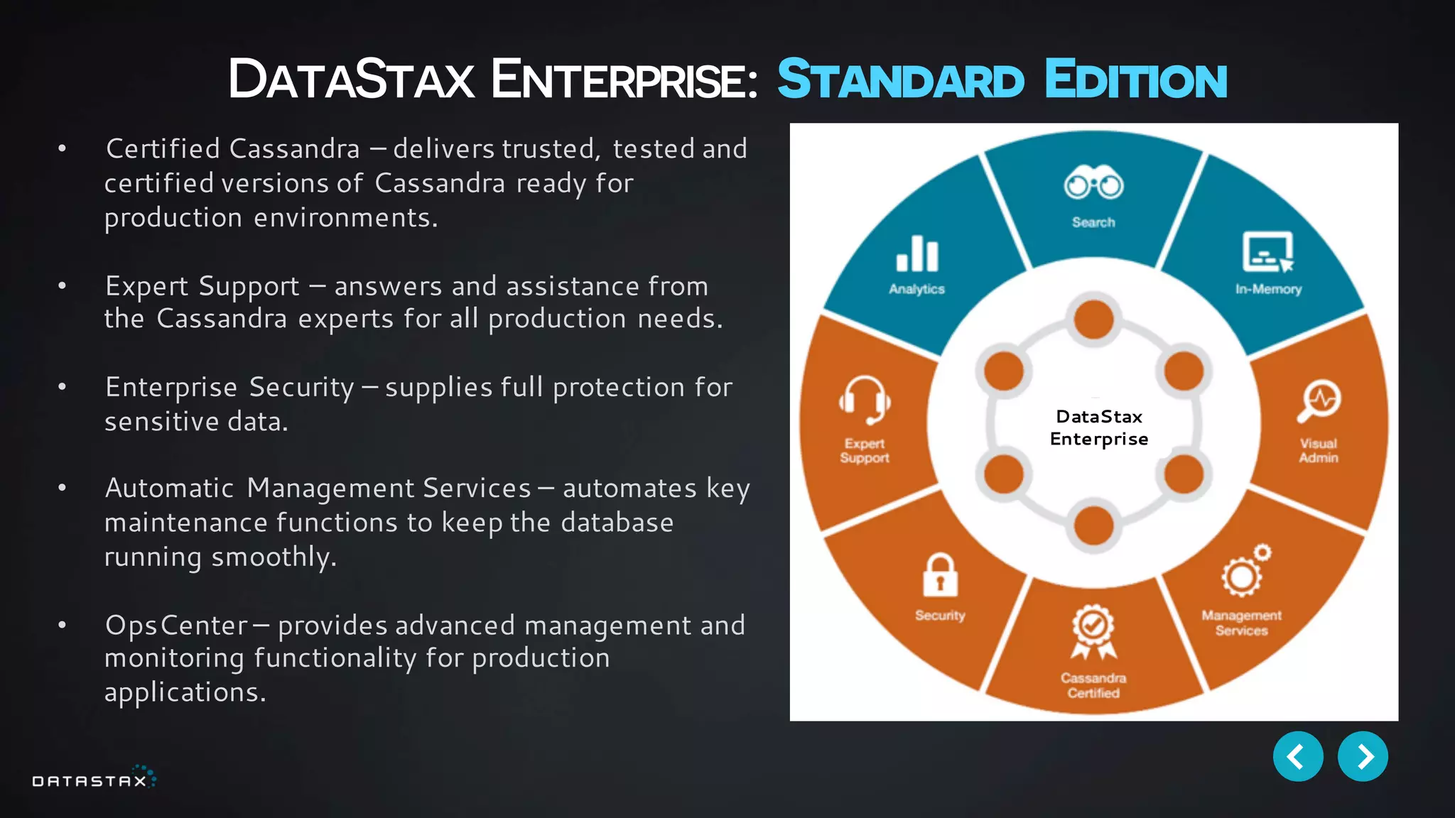 DataStax Enterprise: Standard Edition
DataStax
Enterprise
• Certified Cassandra – delivers trusted, tested and
certified versions of Cassandra ready for
production environments.
• Expert Support – answers and assistance from
the Cassandra experts for all production needs.
• Enterprise Security – supplies full protection for
sensitive data.
• Automatic Management Services – automates key
maintenance functions to keep the database
running smoothly.
• OpsCenter – provides advanced management and
monitoring functionality for production
applications.
 