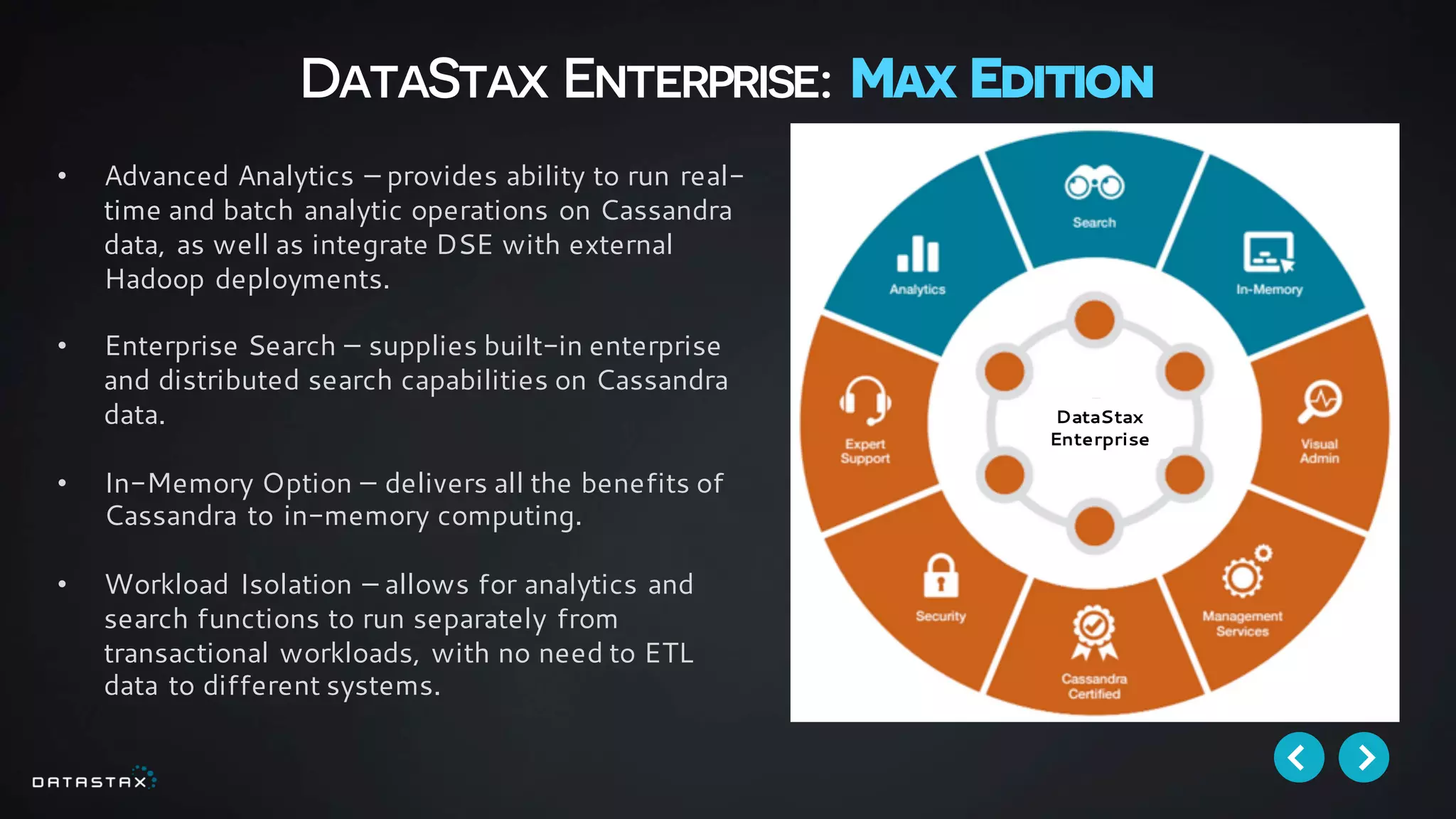 DataStax
Enterprise
• Advanced Analytics – provides ability to run real-
time and batch analytic operations on Cassandra
data, as well as integrate DSE with external
Hadoop deployments.
• Enterprise Search – supplies built-in enterprise
and distributed search capabilities on Cassandra
data.
• In-Memory Option – delivers all the benefits of
Cassandra to in-memory computing.
• Workload Isolation – allows for analytics and
search functions to run separately from
transactional workloads, with no need to ETL
data to different systems.
DataStax Enterprise: Max Edition
 