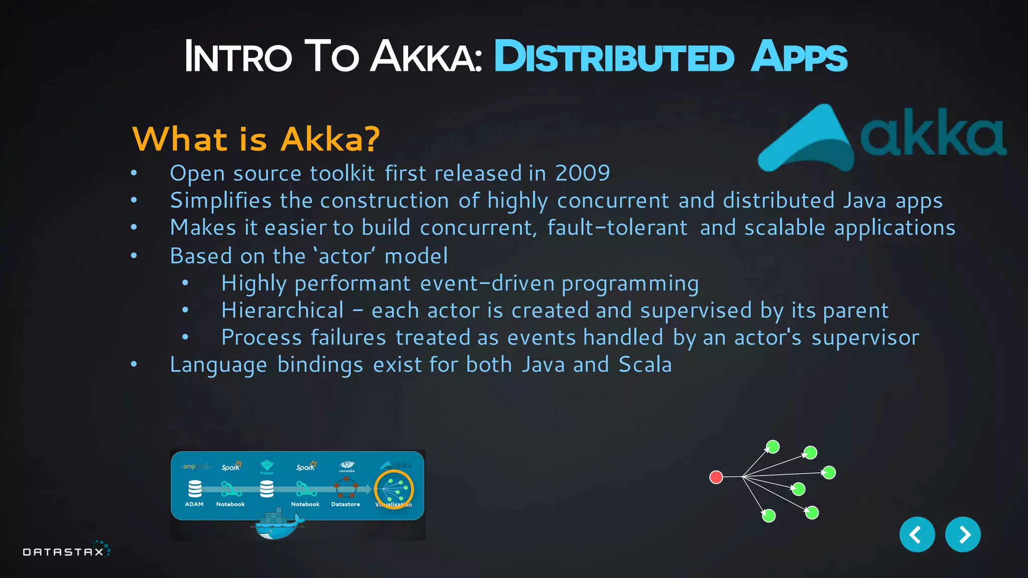 Intro To Akka: Distributed Apps
What is Akka?
• Open source toolkit first released in 2009
• Simplifies the construction of highly concurrent and distributed Java apps
• Makes it easier to build concurrent, fault-tolerant and scalable applications
• Based on the ‘actor’ model
• Highly performant event-driven programming
• Hierarchical - each actor is created and supervised by its parent
• Process failures treated as events handled by an actor's supervisor
• Language bindings exist for both Java and Scala
 