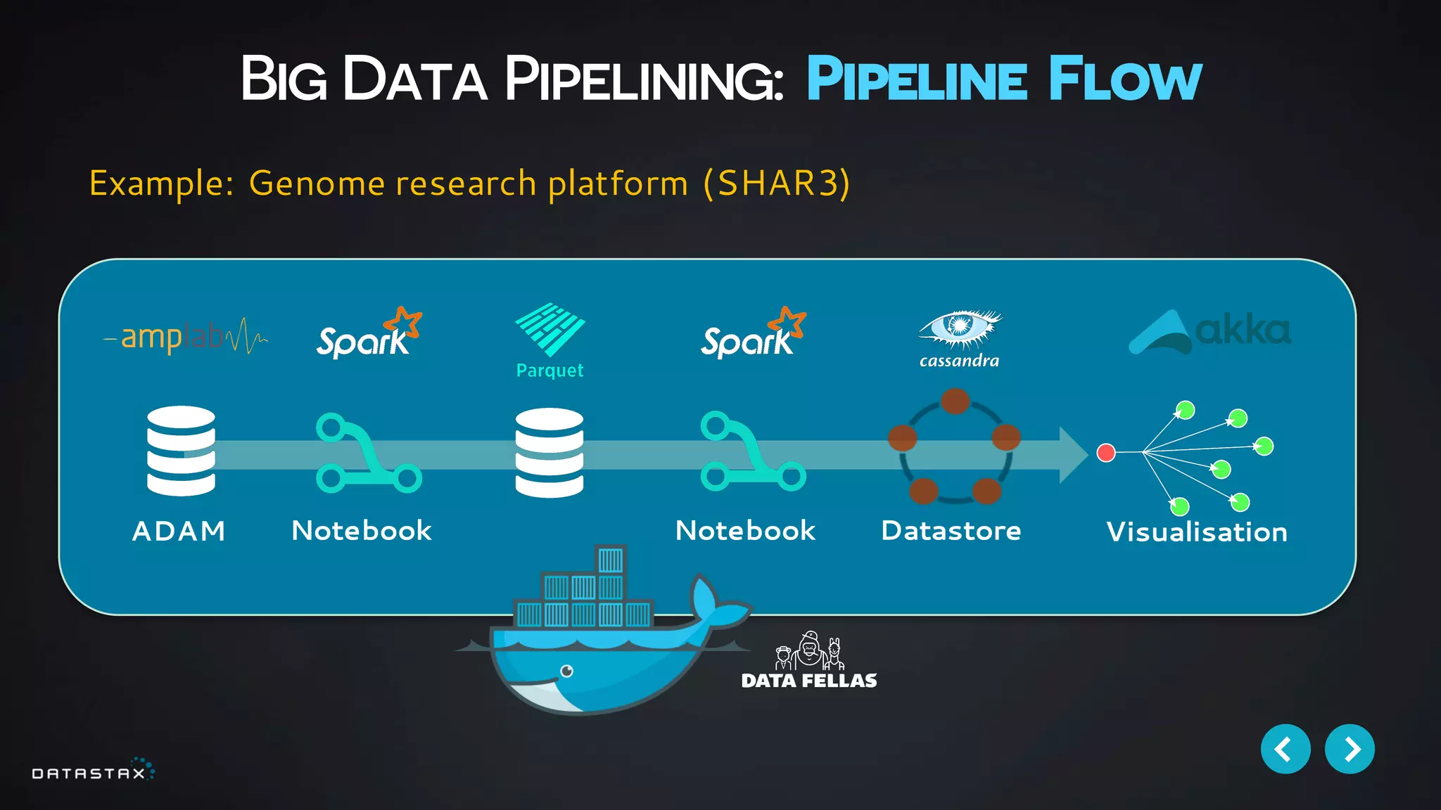 Big Data Pipelining: Pipeline Flow
ADAM Notebook Notebook Datastore Visualisation
Example: Genome research platform (SHAR3)
 