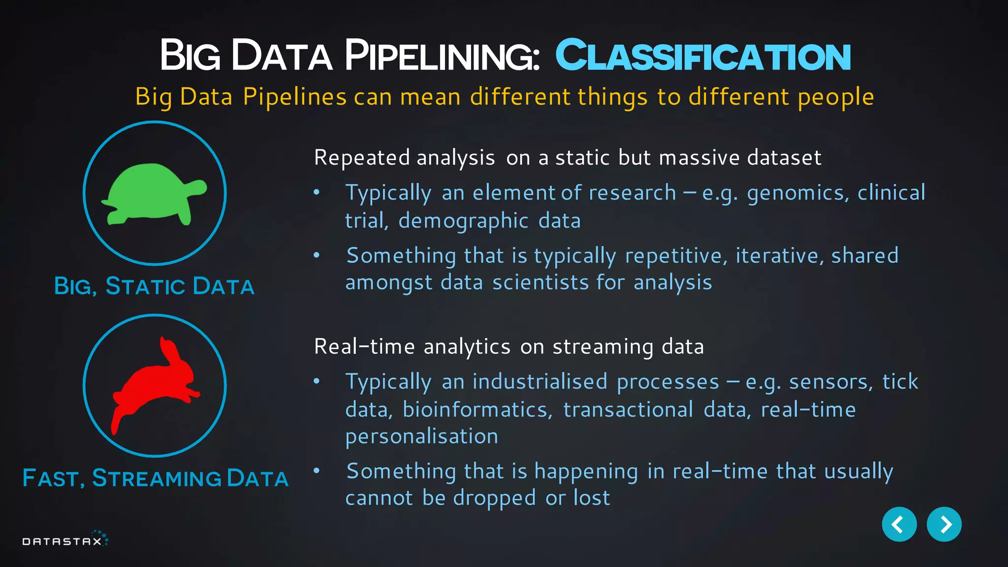 Big, Static Data
Fast, Streaming Data
Big Data Pipelining: Classification
Big Data Pipelines can mean different things to different people
Repeated analysis on a static but massive dataset
• Typically an element of research – e.g. genomics, clinical
trial, demographic data
• Something that is typically repetitive, iterative, shared
amongst data scientists for analysis
Real-time analytics on streaming data
• Typically an industrialised processes – e.g. sensors, tick
data, bioinformatics, transactional data, real-time
personalisation
• Something that is happening in real-time that usually
cannot be dropped or lost
 