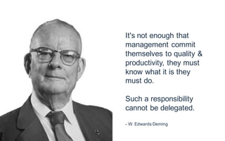 It's not enough that
management commit
themselves to quality &
productivity, they must
know what it is they
must do.
Such a responsibility
cannot be delegated.
- W. Edwards Deming
 