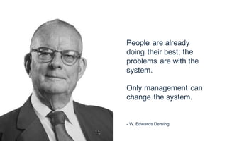 People are already
doing their best; the
problems are with the
system.
Only management can
change the system.
- W. Edwards Deming
 