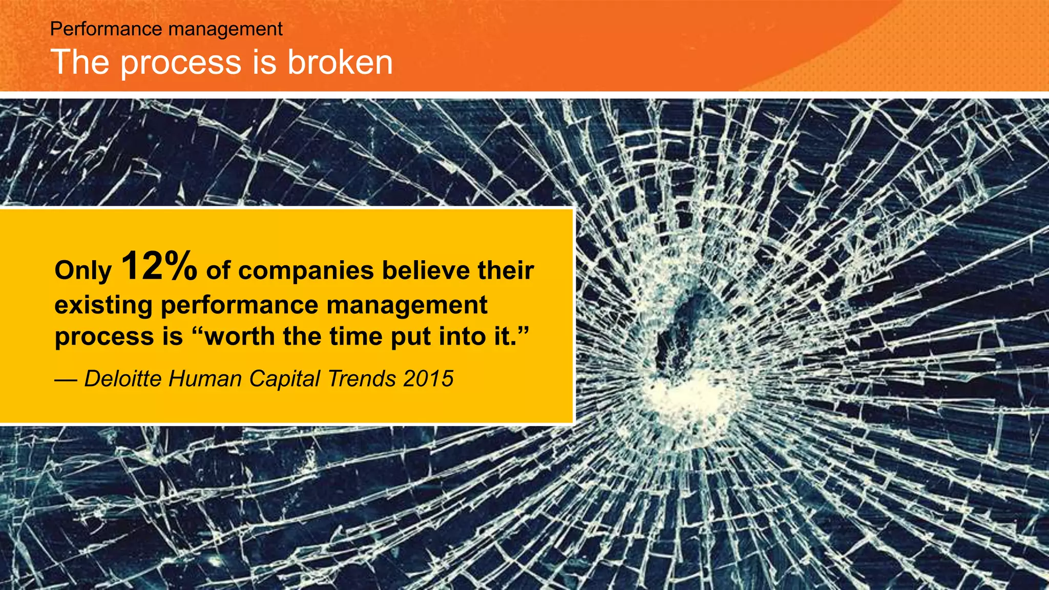 Performance management
The process is broken
Only 12% of companies believe their
existing performance management
process is “worth the time put into it.”
— Deloitte Human Capital Trends 2015
 