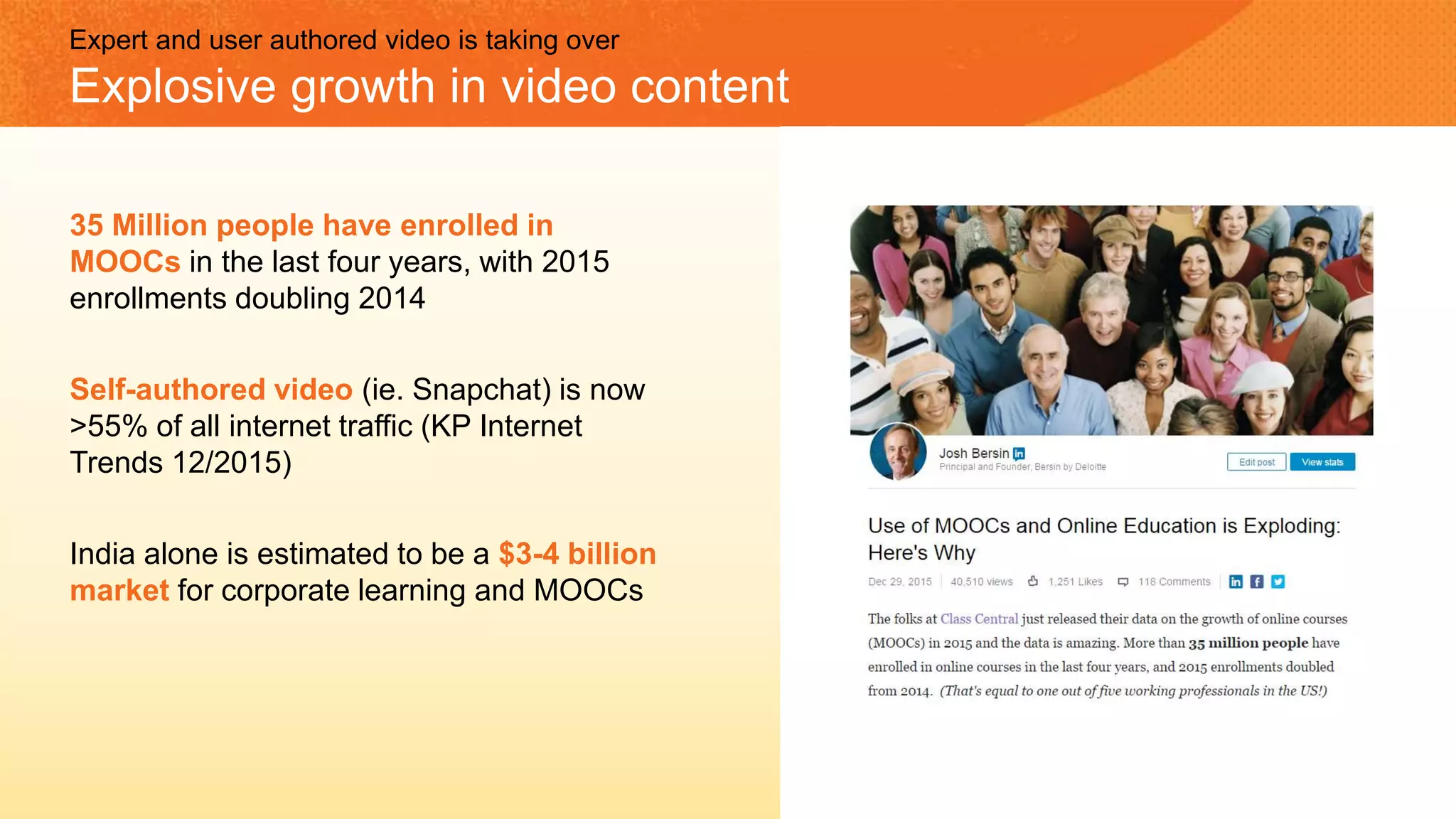 35 Million people have enrolled in
MOOCs in the last four years, with 2015
enrollments doubling 2014
Self-authored video (ie. Snapchat) is now
>55% of all internet traffic (KP Internet
Trends 12/2015)
India alone is estimated to be a $3-4 billion
market for corporate learning and MOOCs
Expert and user authored video is taking over
Explosive growth in video content
 