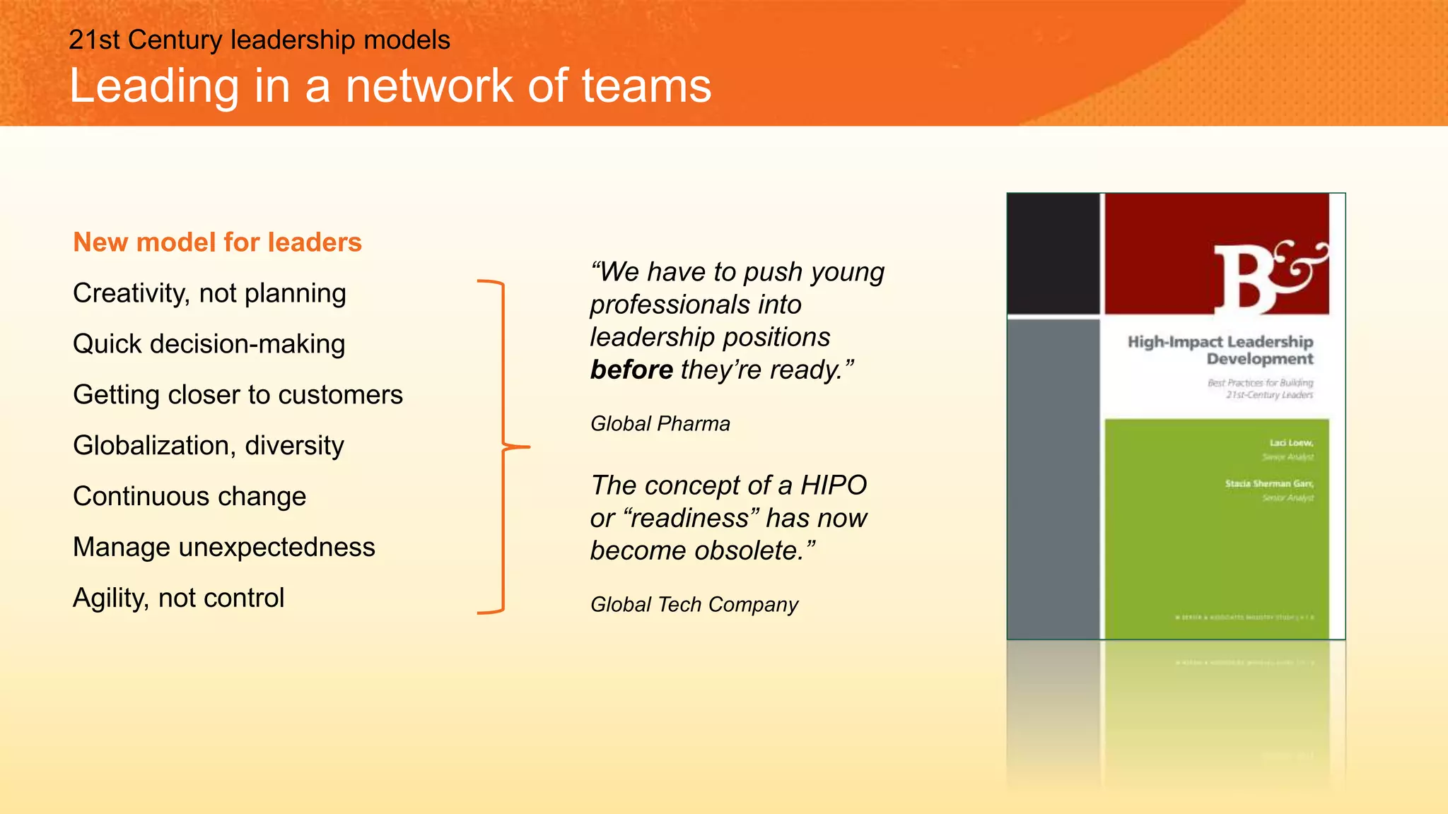 New model for leaders
Creativity, not planning
Quick decision-making
Getting closer to customers
Globalization, diversity
Continuous change
Manage unexpectedness
Agility, not control
“We have to push young
professionals into
leadership positions
before they’re ready.”
Global Pharma
The concept of a HIPO
or “readiness” has now
become obsolete.”
Global Tech Company
21st Century leadership models
Leading in a network of teams
 