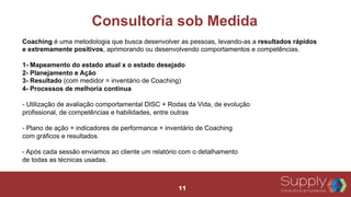 Coaching é uma metodologia que busca desenvolver as pessoas, levando-as a resultados rápidos
e extremamente positivos, aprimorando ou desenvolvendo comportamentos e competências.
1- Mapeamento do estado atual x o estado desejado
2- Planejamento e Ação
3- Resultado (com medidor = inventário de Coaching)
4- Processos de melhoria continua
- Utilização de avaliação comportamental DISC + Rodas da Vida, de evolução
profissional, de competências e habilidades, entre outras
- Plano de ação + indicadores de performance + inventário de Coaching
com gráficos e resultados
- Após cada sessão enviamos ao cliente um relatório com o detalhamento
de todas as técnicas usadas.
Consultoria sob Medida
11
 