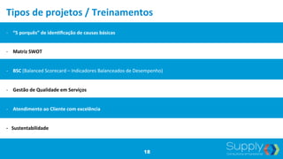  	
  
-­‐  “5	
  porquês”	
  de	
  idenBﬁcação	
  de	
  causas	
  básicas	
  
	
  
	
  	
  
-­‐  Matriz	
  SWOT	
  
	
  
	
  	
  
-­‐  BSC	
  (Balanced	
  Scorecard	
  –	
  Indicadores	
  Balanceados	
  de	
  Desempenho)	
  
	
  
	
  	
  
-­‐  Gestão	
  de	
  Qualidade	
  em	
  Serviços	
  
	
  
	
  	
  
-­‐  Atendimento	
  ao	
  Cliente	
  com	
  excelência	
  
	
  
	
  	
  
-­‐	
  	
  	
  Sustentabilidade	
  
Tipos	
  de	
  projetos	
  /	
  Treinamentos	
  
18
 