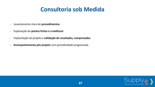 Consultoria	
  sob	
  Medida	
  
-­‐  Levantamento	
  claro	
  de	
  procedimentos	
  
-­‐  Explanação	
  de	
  pontos	
  fortes	
  e	
  a	
  melhorar	
  
-­‐  Implantação	
  do	
  projeto	
  e	
  validação	
  de	
  resultados,	
  comprovados	
  
-­‐	
  	
  	
  	
  Acompanhamento	
  pós	
  projeto	
  com	
  periodicidade	
  programada.	
  
27
 