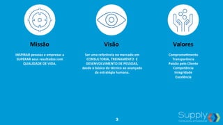 INSPIRAR	
  pessoas	
  e	
  empresas	
  a	
  
SUPERAR	
  seus	
  resultados	
  com	
  
QUALIDADE	
  DE	
  VIDA.	
  
Ser	
  uma	
  referência	
  no	
  mercado	
  em	
  	
  
CONSULTORIA,	
  TREINAMENTO	
  	
  E	
  
DESENVOLVIMENTO	
  DE	
  PESSOAS,	
  
desde	
  o	
  básico	
  do	
  técnico	
  ao	
  avançado	
  
da	
  estratégia	
  humana.	
  
CompromeBmento	
  
Transparência	
  
Paixão	
  pelo	
  Cliente	
  
Competência	
  
Integridade	
  
Excelência	
  
Missão	
   Visão	
   Valores	
  
3
 