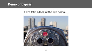 Demo	of	bypass
26
Let’s take a look at the live demo…
 