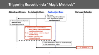 Triggering	Execu;on	via	"Magic	Methods"
7
Serializable Class
6. Restore object member ﬁelds

• readObject(ObjectInputStream)
• readObjectNoData()
7. Eventually replace restored object

• readResolve()
8. Optionally validate object

• validateObject()
9. Cast deserialized object to expected type

10.Use deserialized object
ObjectInputStream Application Code Garbage Collector
11.Call ﬁnalize() on GC
1. Get bytes

2. Initialize ObjectInputStream

3. Read object from stream

• ois.readObject()4. Resolve classes of stream
resolveClass()

5. Deserialize objects
 