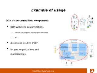 http://OpenDataNode.org
Example of usage
ODN as de-centralized component:
●
ODN with little customizations
– central catal...